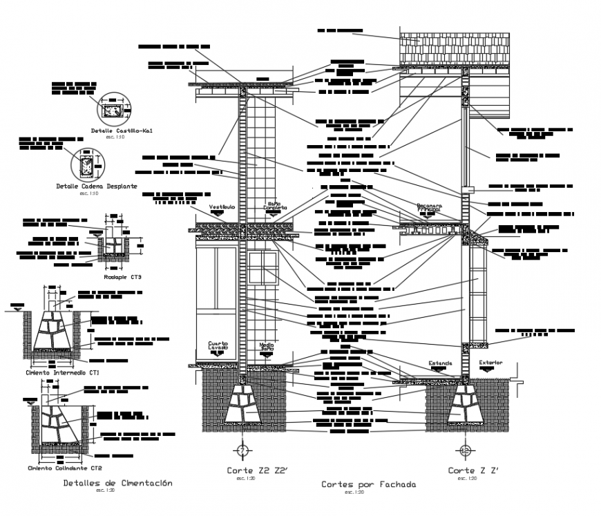 Housing sections details by facade with constructive details dwg file