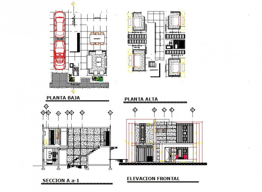 Housing structure plan, elevation and section 2d view CAD construction block layout autocad file