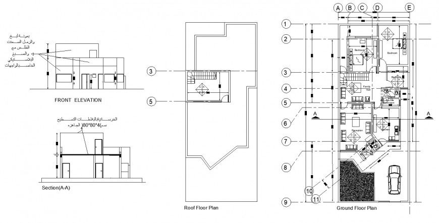 Housing structure plan, elevation and section layout CAD constructive block layout dwg file