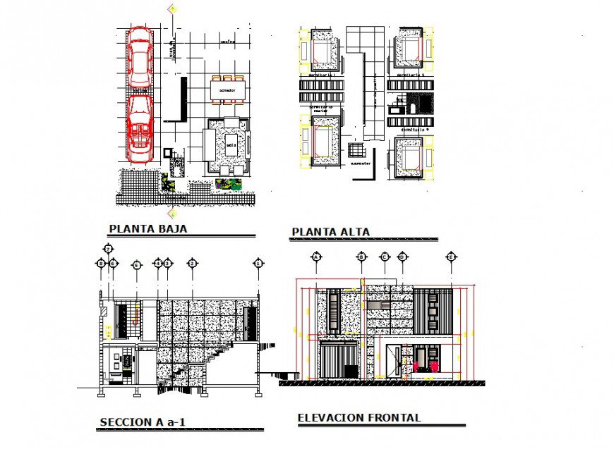 Housing structure plan, elevation and section 2d view CAD construction ...