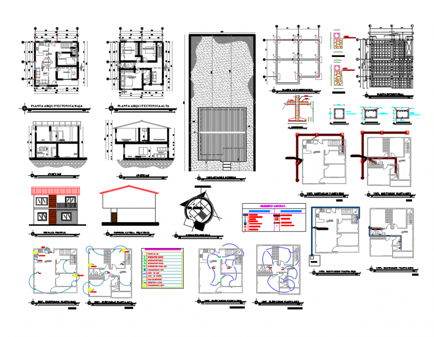 Housing two floors elevations, sections, plan and auto-cad details dwg file