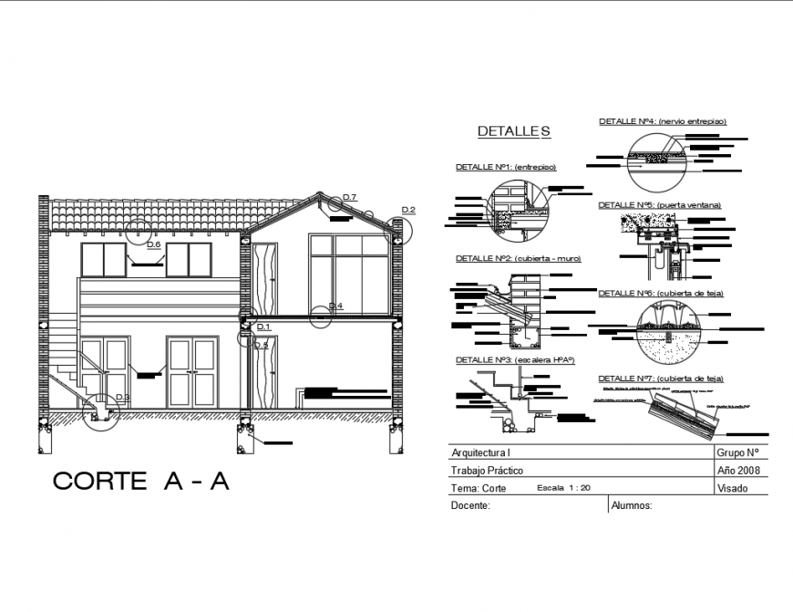 Housing two floors facade section constructive details dwg file