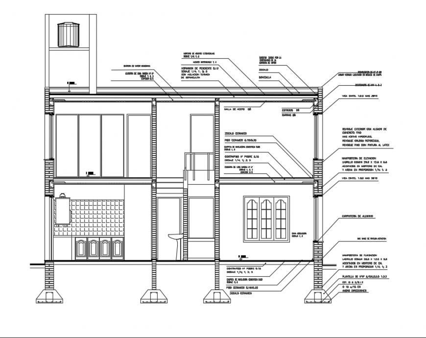Housing two levels facade section-constructive details with terrace dwg file