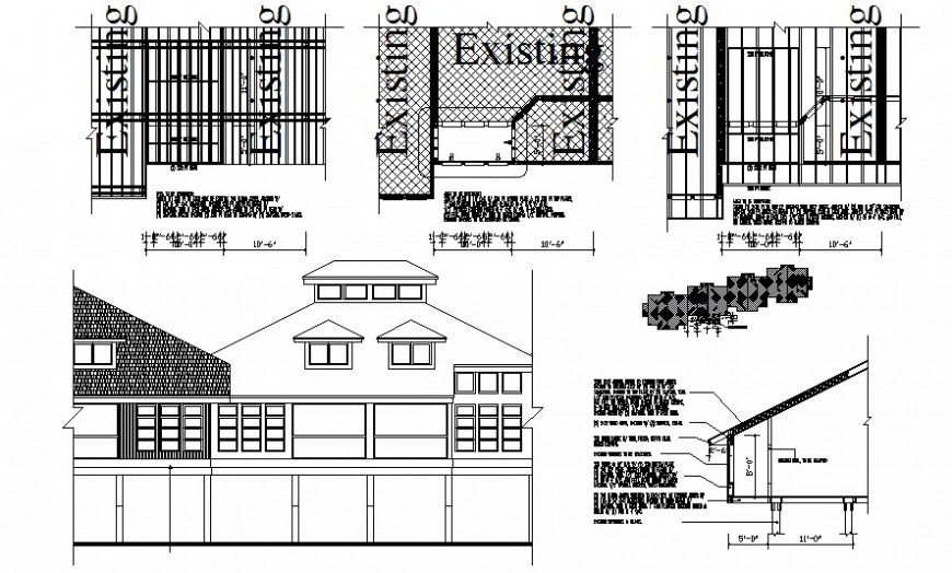 Housing units CAD drawing with elevation and roofing design details