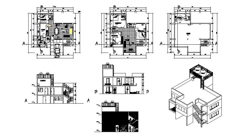 Housing units plan elevation and sectional drawing 2d view dwg file