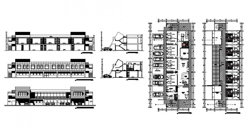 Huancay multi-story hotel building elevation, section and floor plan ...