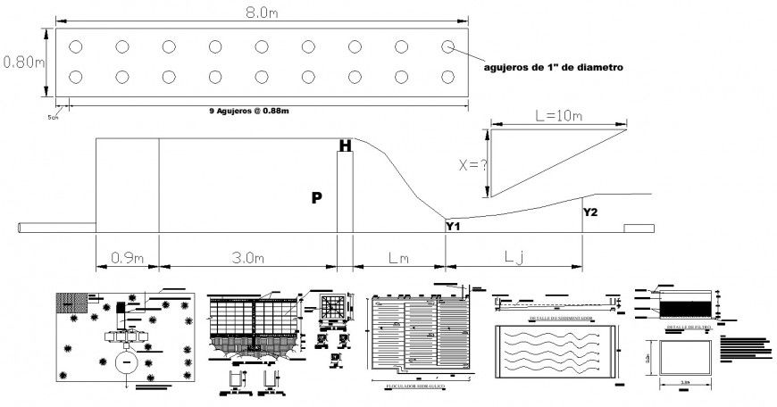Hydraulic floculator and water treatment plant detail 2d view layout autocad file