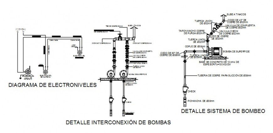 Hydraulic water system, pipe line section and plumbing details for rain water tank dwg file