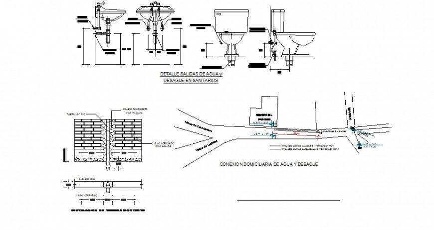 Hydraulic water system and plumbing structure details for sanitary facilities dwg file
