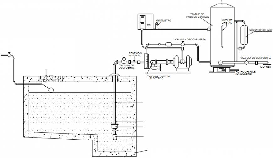 Hydraulic water tank section, plan and plumbing structure details dwg file