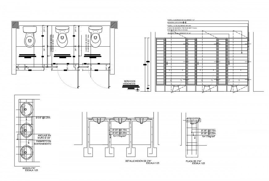 Hygiene services elevation, section and installation details dwg file