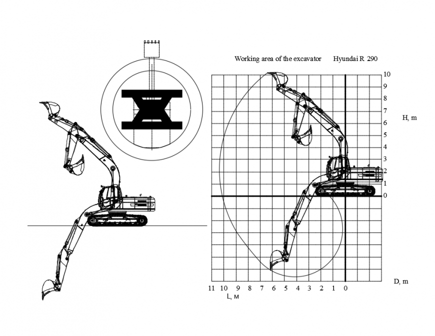Hyundai excavator plan cad drawing details dwg file
