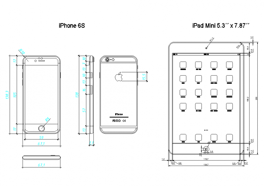 I Pad mini and iPhone 6 s elevation and side view logo and symbol dwg file