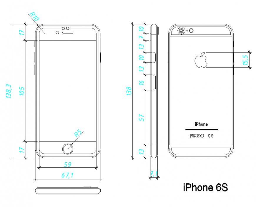 Iphone 6s plan elevation side and rear view AutoCAD DWG file