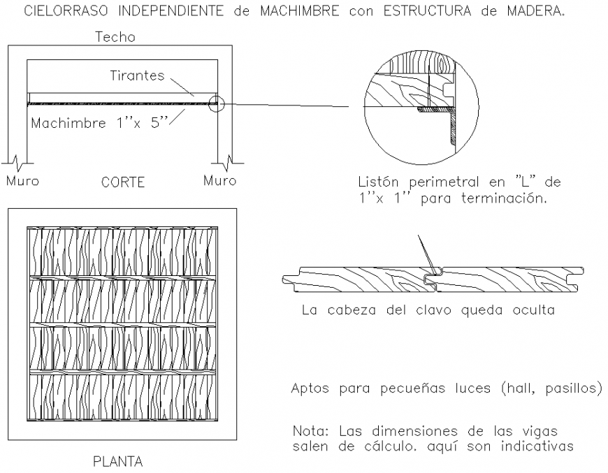 Independent ceiling of machimbre with wooden structure detail dwg file
