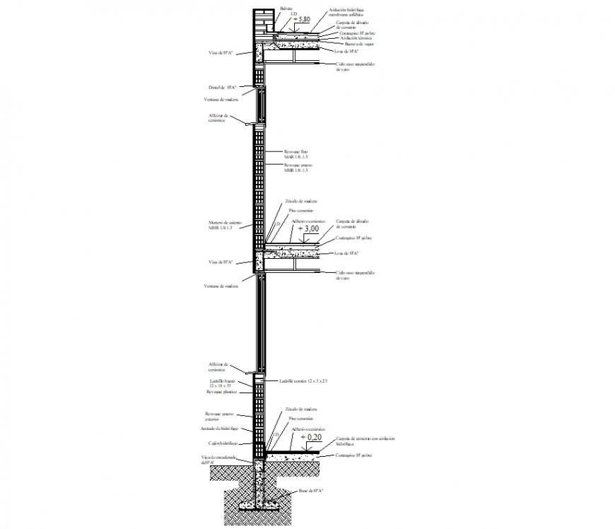 Independent detail concrete structure with hollow brick dwg file