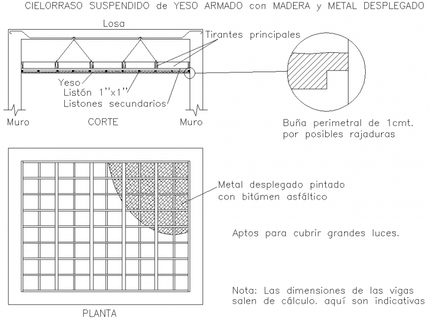 Independent gypsum ceiling with wood and expanded metal autocad file