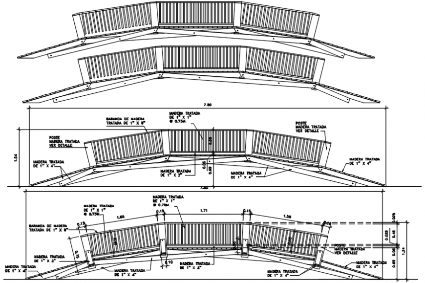 Indoor resort bridge all sided constructive section cad drawing details dwg file