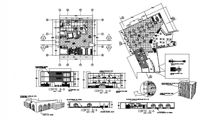 Indoor restaurant of hotel building all sided section and layout plan cad drawing details dwg file