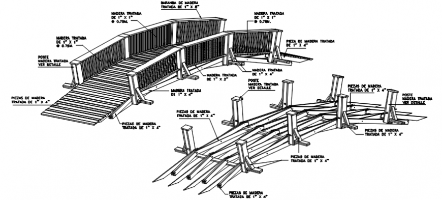 Indoor wooden bridge isometric elevation and section details dwg file