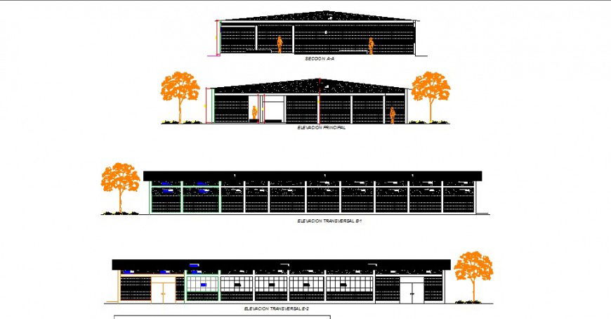 Industrial building all sided elevation cad drawing details dwg file