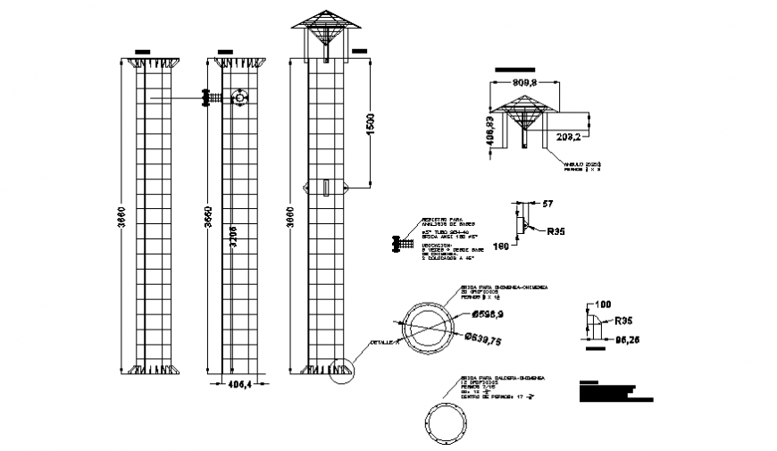Industrial chimney section, plan and constructive details dwg file
