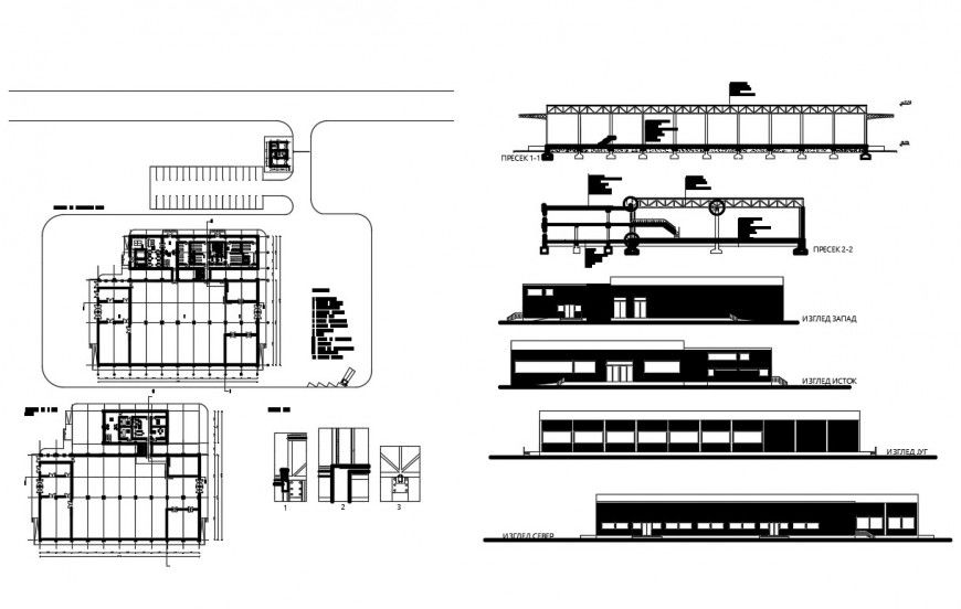 Industrial hall all sided elevation, section and plan cad drawing details dwg file