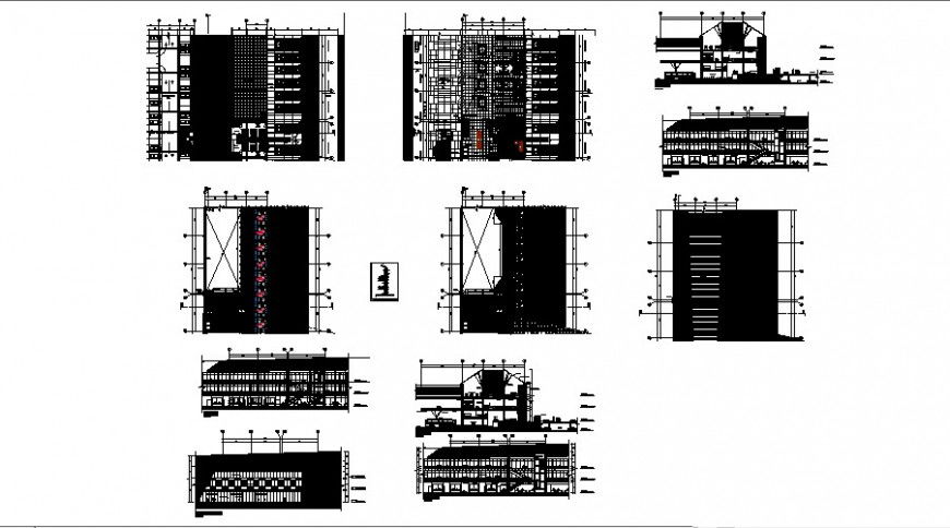 Industrial head office building elevation, section and floor plan cad drawing details dwg file