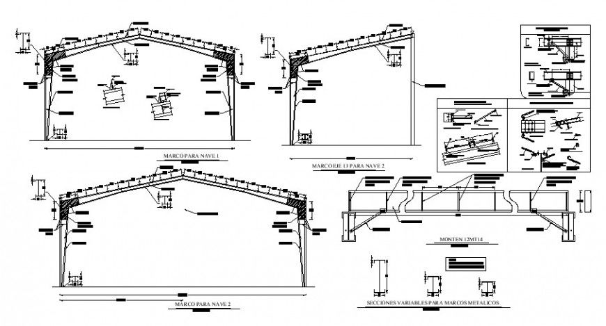 Industrial shed steel framing roof section and construction details dwg file