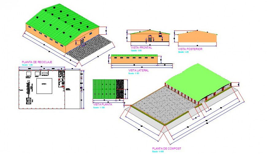 Industrial warehouse elevation, section, plan, 3d drawing and auto-cad details dwg file