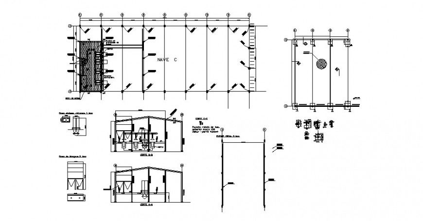 Industrial warehouse section, plan and auto-cad drawing details dwg file