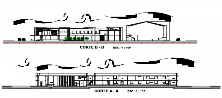 Initial college multi-story main and back section drawing details dwg file