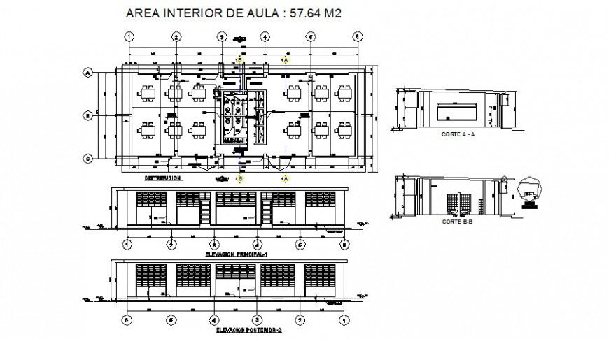Initial education building elevation, section and plan cad drawing details dwg file