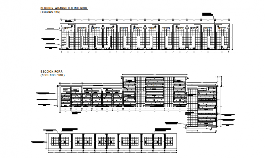 Inner grocery section and second floor plan details of super market dwg file