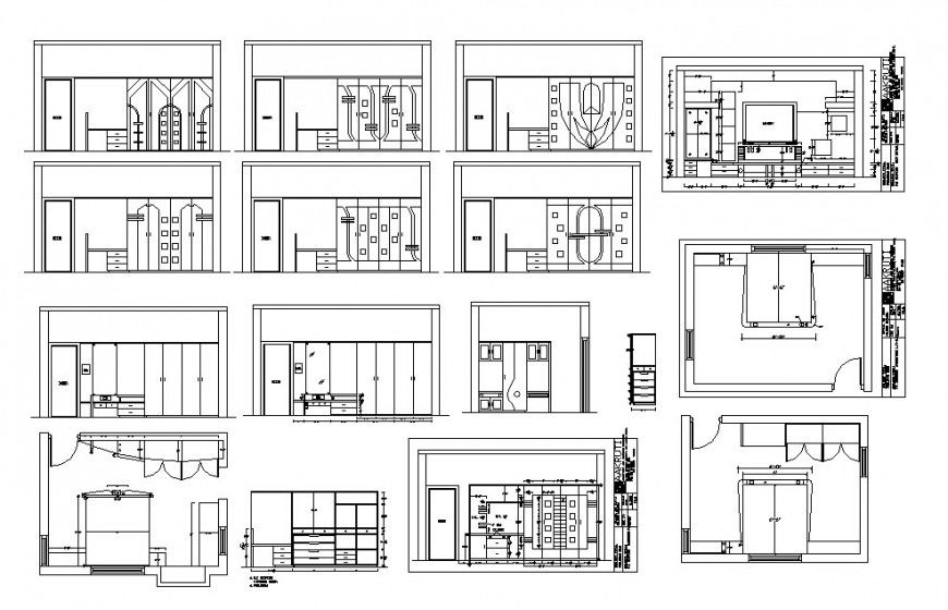 Inner wooden wardrobe elevation, section, plan etc for bedroom dwg file