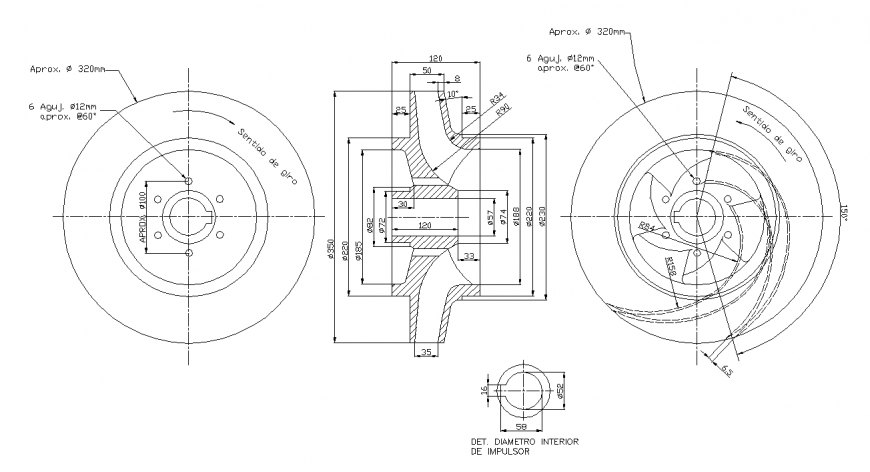 Inside diameter of impeller drawing in dwg file.