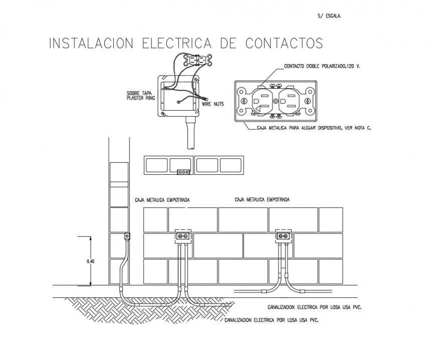 Installation of electrical outlets in a wall cad drawing details dwg file