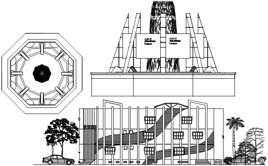Institutional building for education elevation and section drawing details dwg file