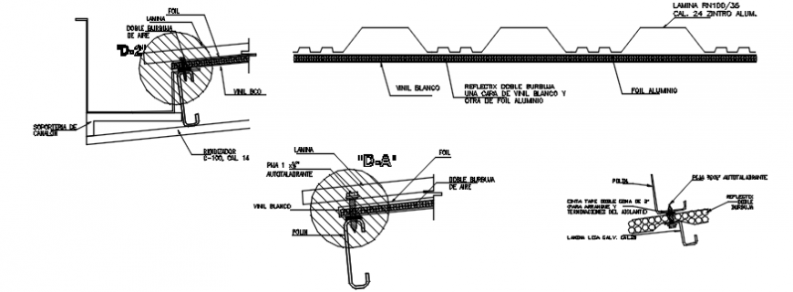 Insulation detail on metal roof section and structure details dwg file
