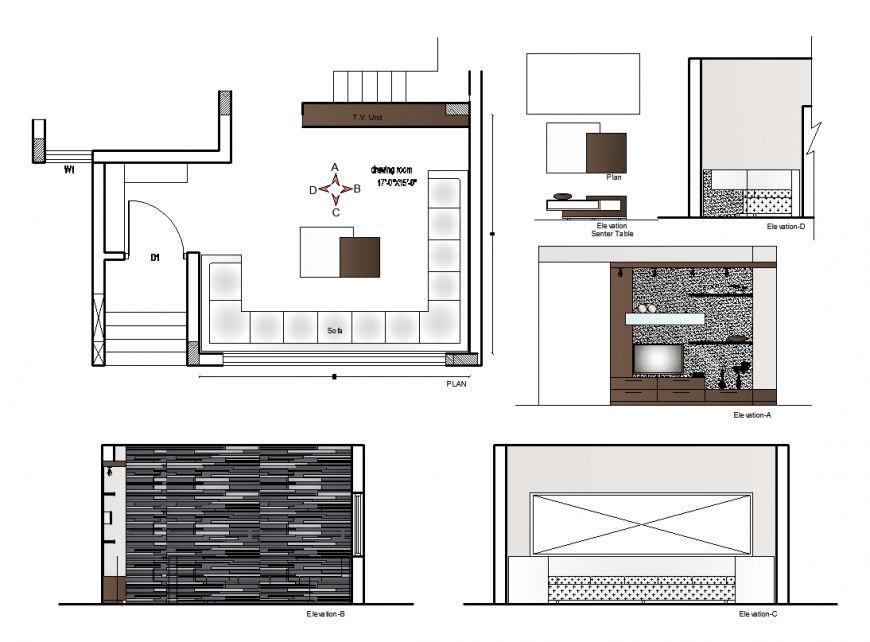 Interior design of drawing room with plan and elevation dwg file