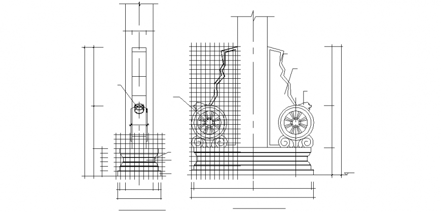 Interior design of pillar elevation and side view dwg file