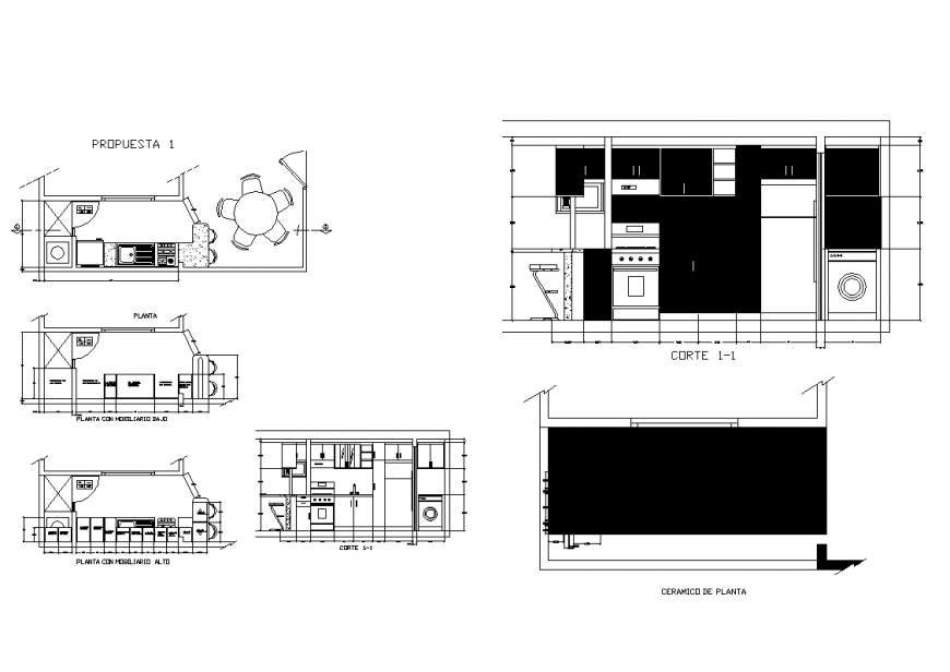 Interior design of plan and sectional detail of kitchen dwg file