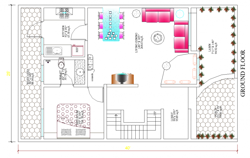Interior design plan of ground floor of the bungalow in dwg AutoCAD file.