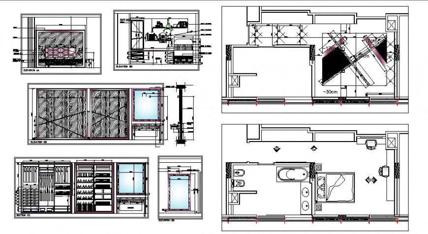Interior detail of kid’s bedroom plan and elevation in auto cad