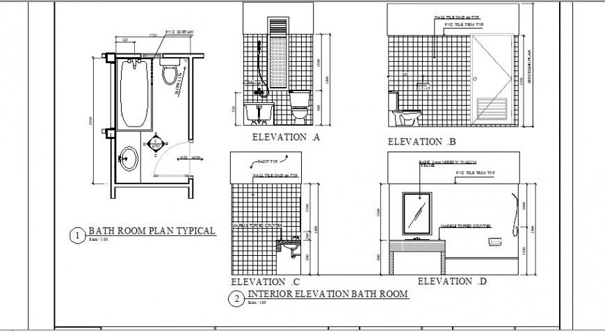 Interior elevation, section and typical plan details of house bathroom dwg file