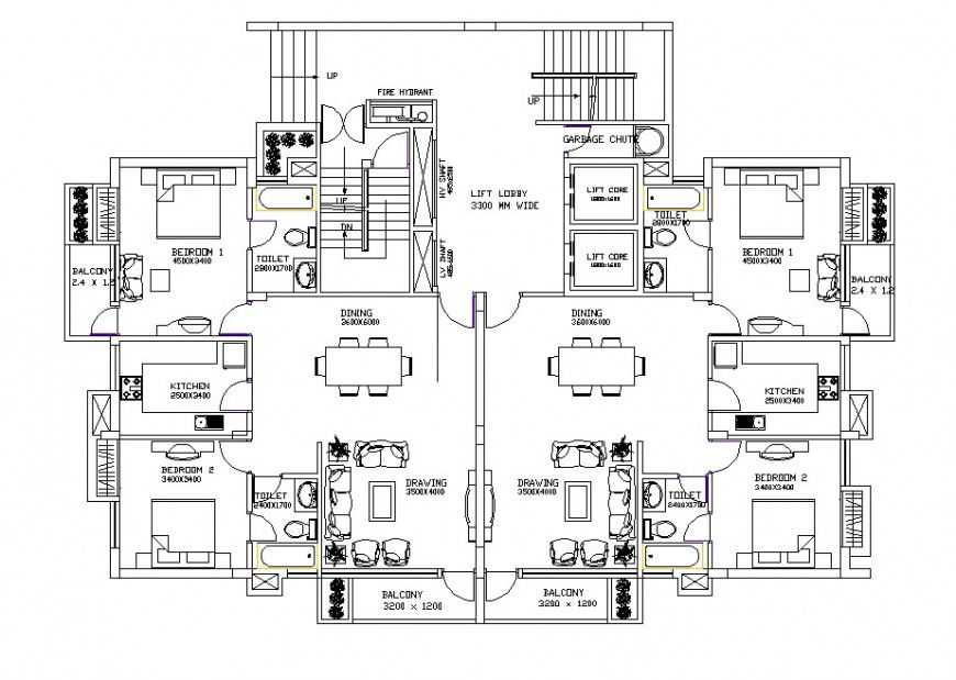 Interior layout plan of the twin block ground floor in dwg AutoCAD file.