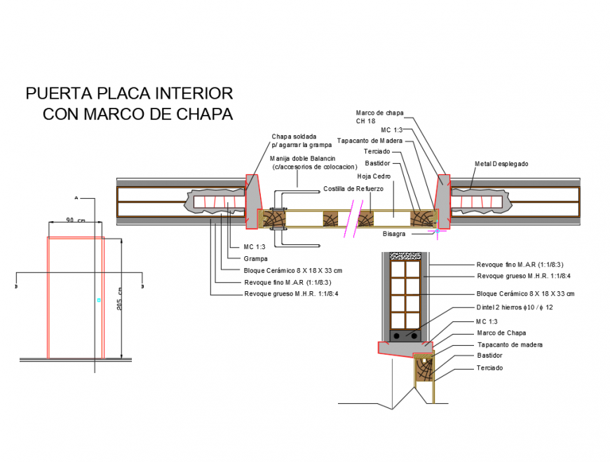 Interior plate door with folded sheet metal frame installation details dwg file