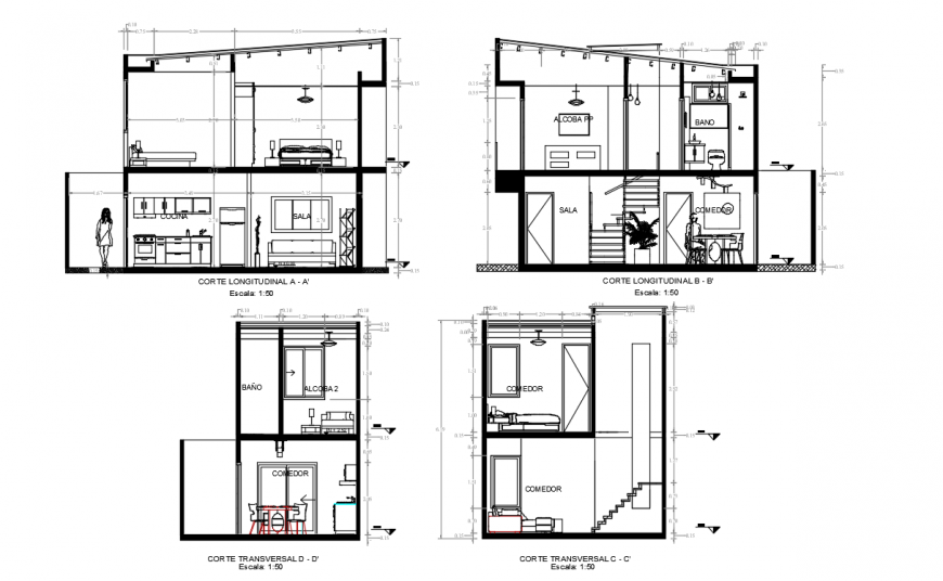 Interior project detailing of a bungalow dwg file