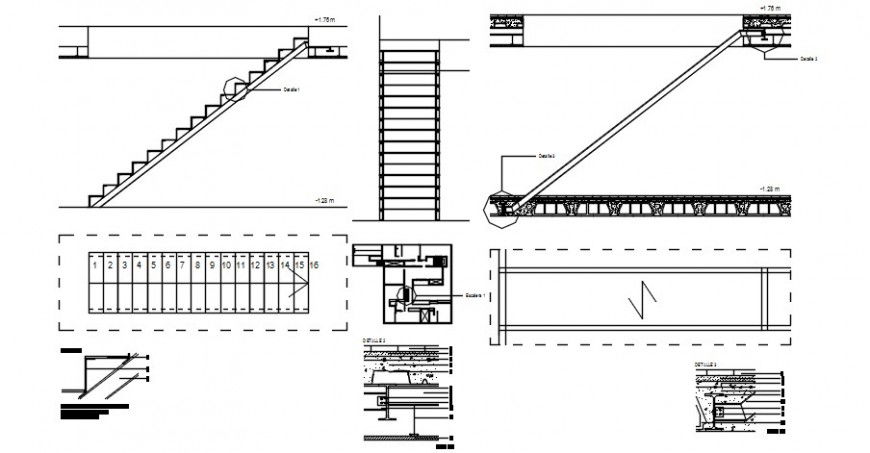 Interior stairways section and constructive structure details dwg file