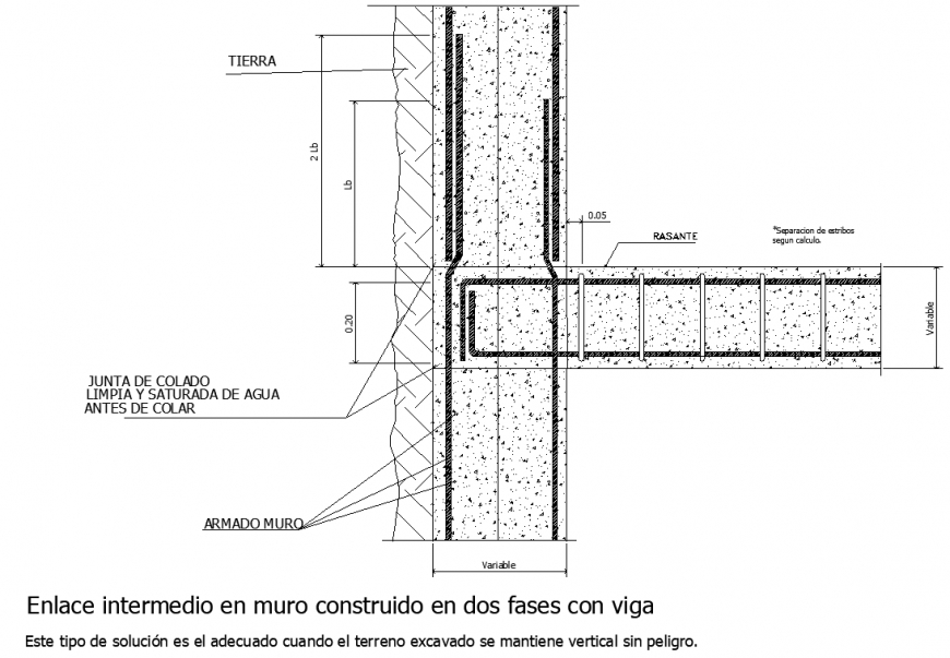 Intermediate wall link built in two phases with beam in dwg AutoCAD file.